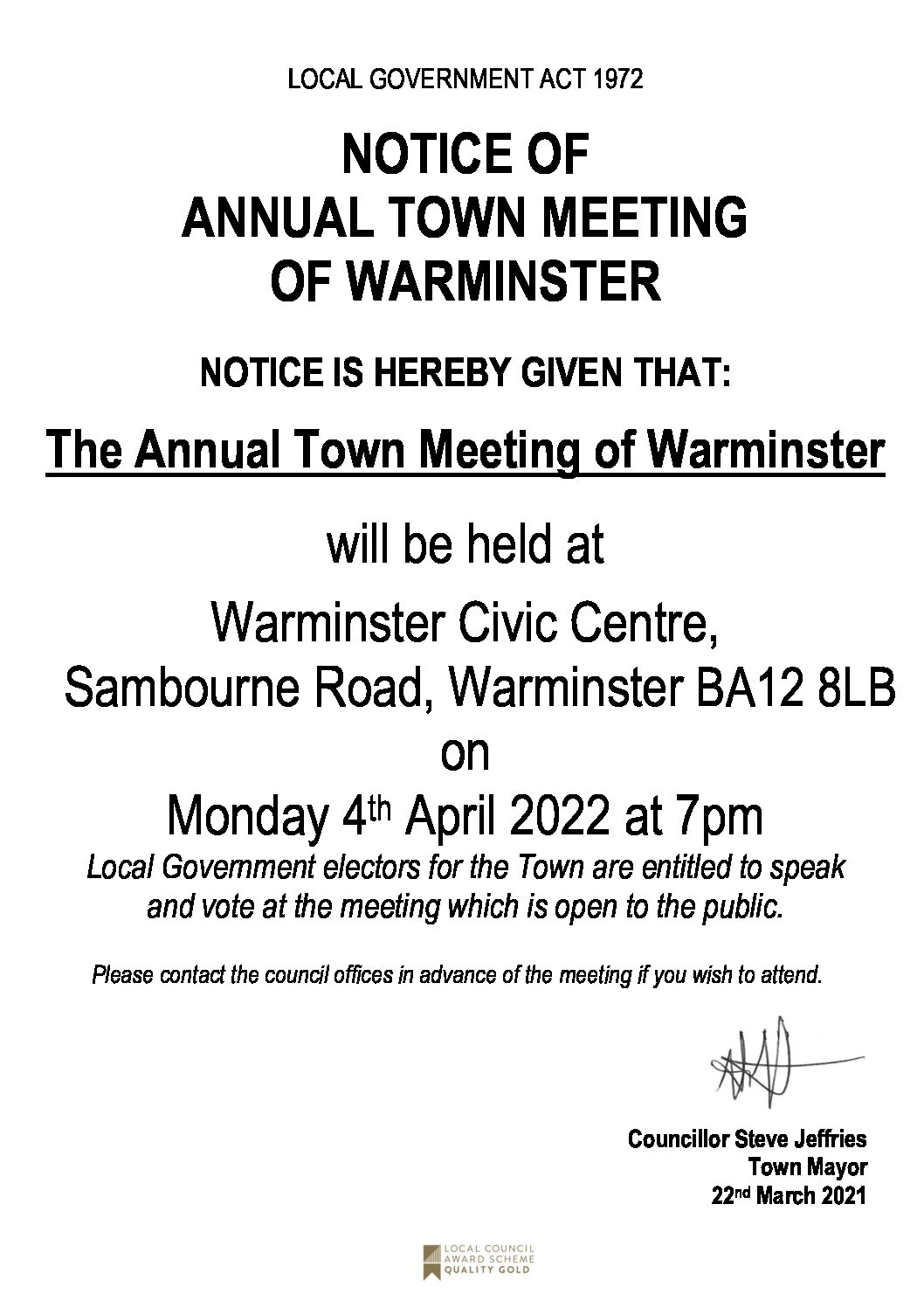 Notice of Annual Town Meeting of Warminster