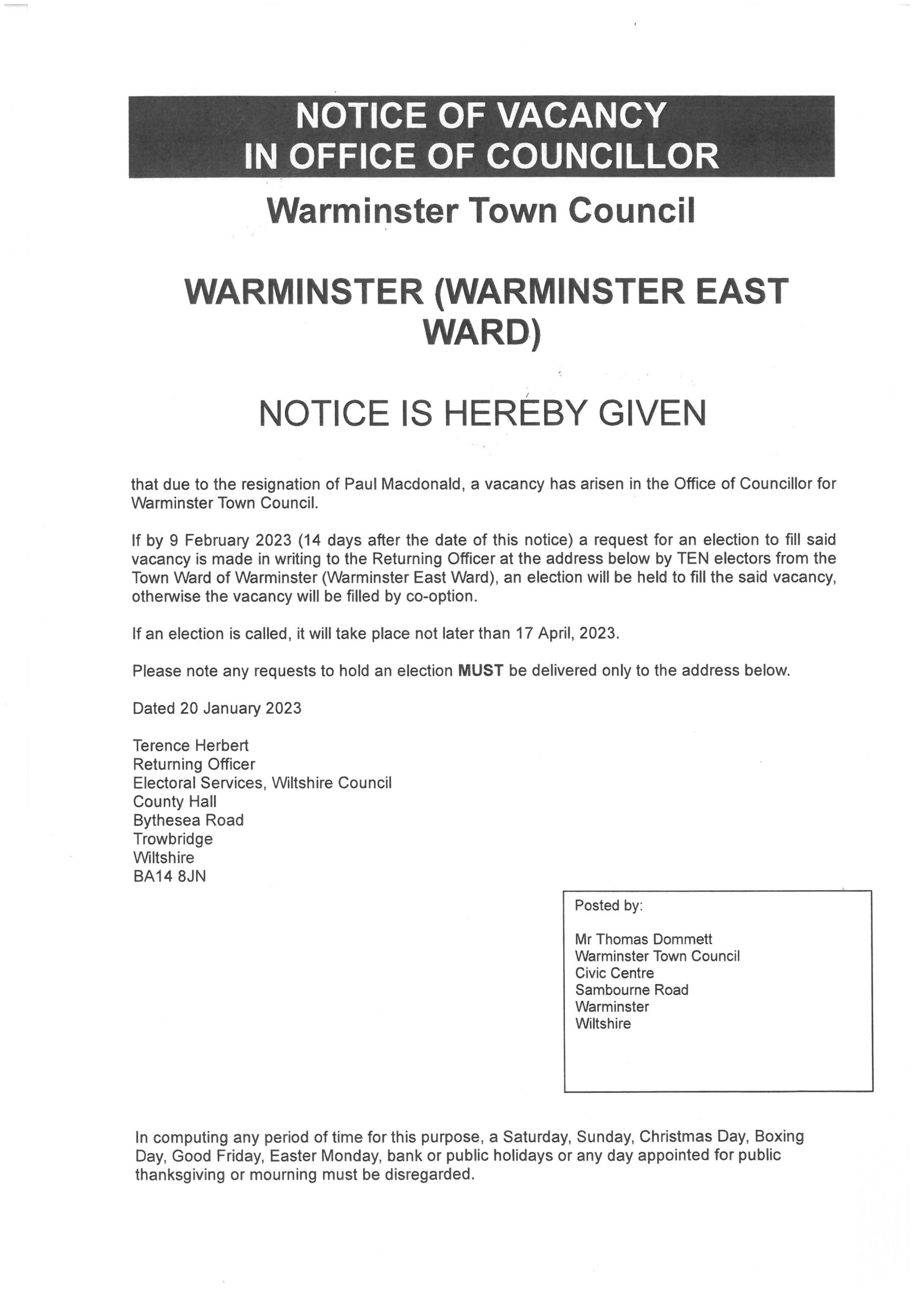 Notice of Vacancy in Office of a Councillor - Warminster Town Council