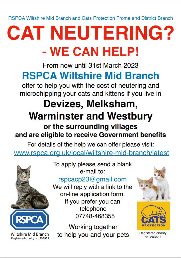 RSPCA Wiltshire Mid Branch and Cats Protection Frome & District Branch - Cat Neutering