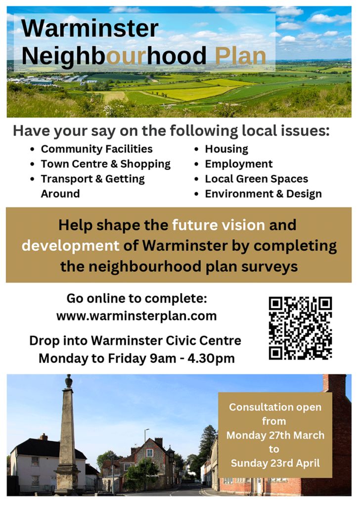 Warminster Neighbourhood Plan.
Consultation open from Monday 27th March to Sunday 23rd April. Click for more information.