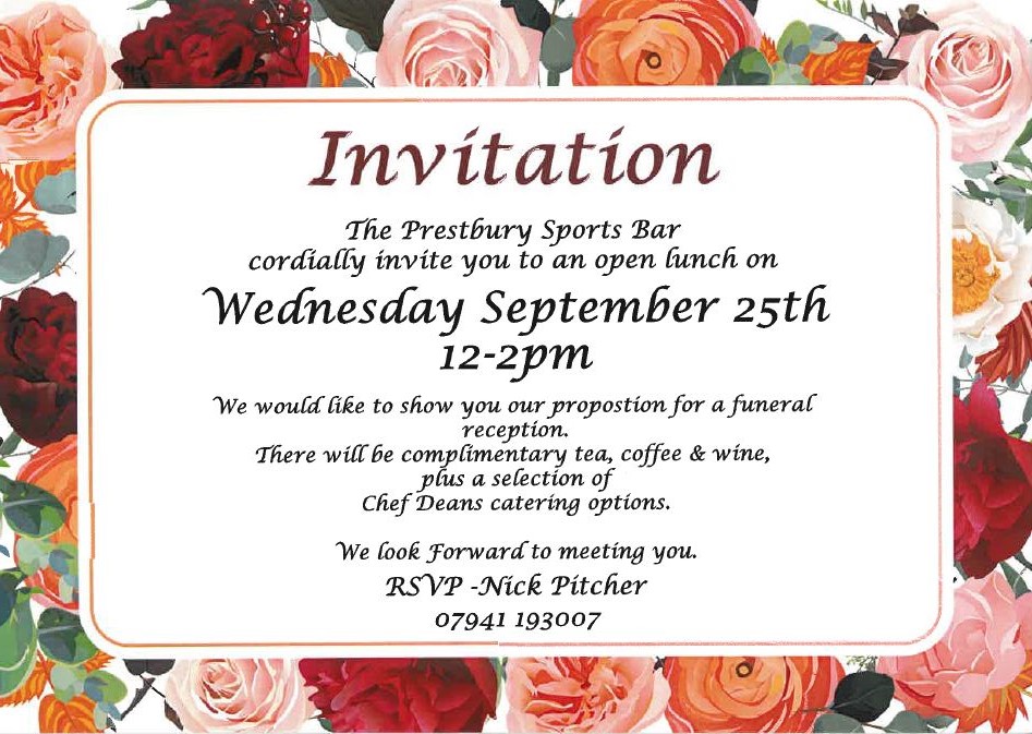 Open lunch - Prestbury Sports Bar