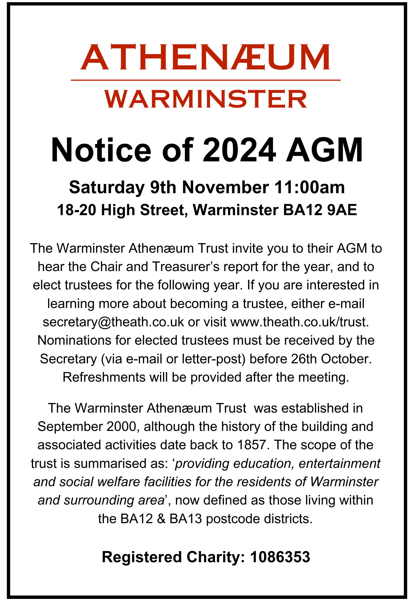 Athenaeum Warminster: Notice of 2024 AGM