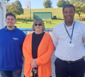 Ryan Widdows (Cafe Manager), Judith Halls (Deputy Town Clerk) and PCSO Roland Revers